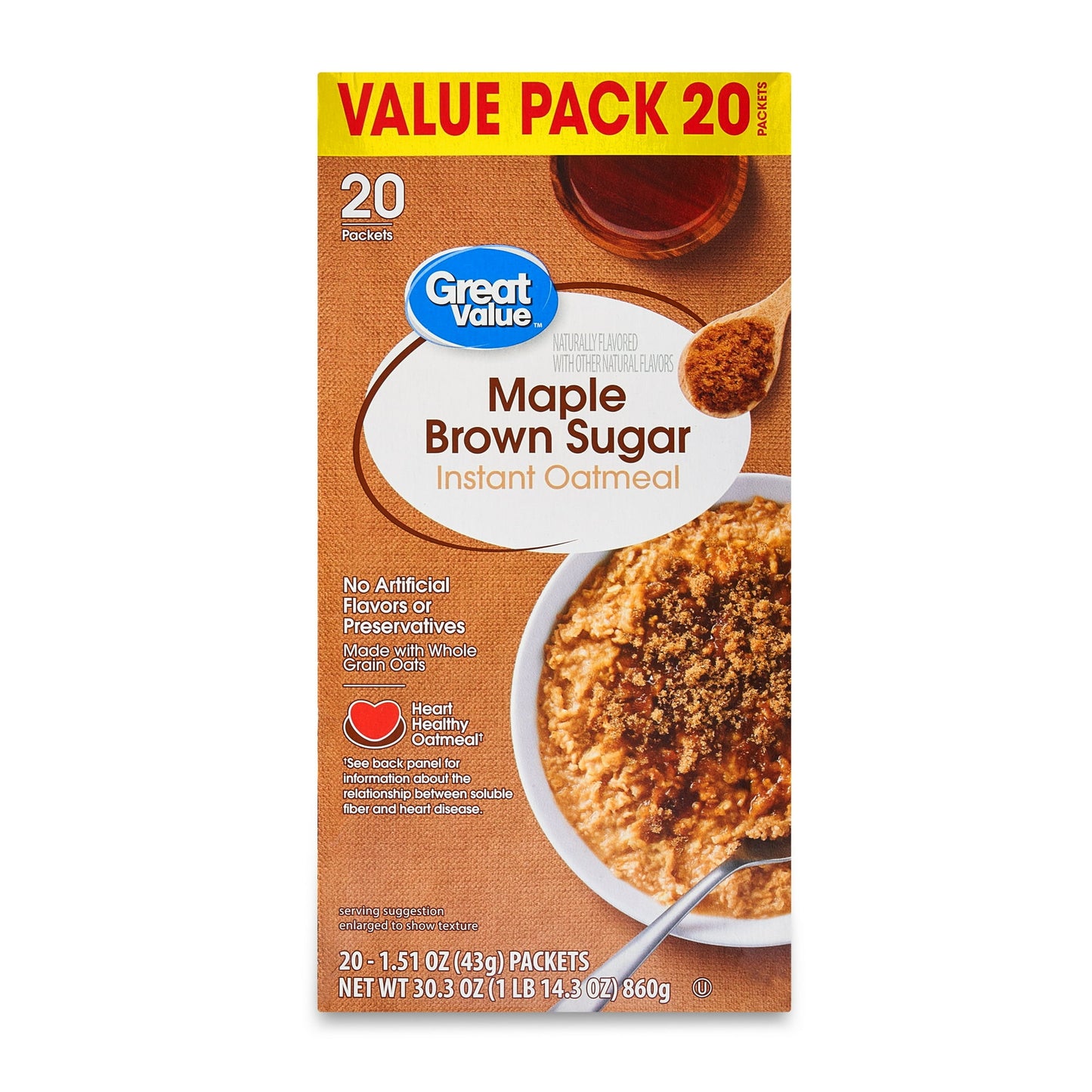 Great Value Maple & Brown Sugar Instant Oatmeal 20ct