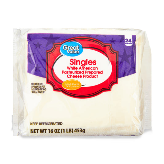 Great Value Singles Pasteurized Prepared Sliced White American Cheese 24ct.