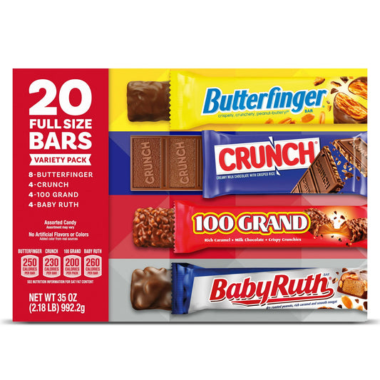 Butterfinger, CRUNCH, Baby Ruth & 100 Grand, Full Size Milk Chocolate Candy Bars