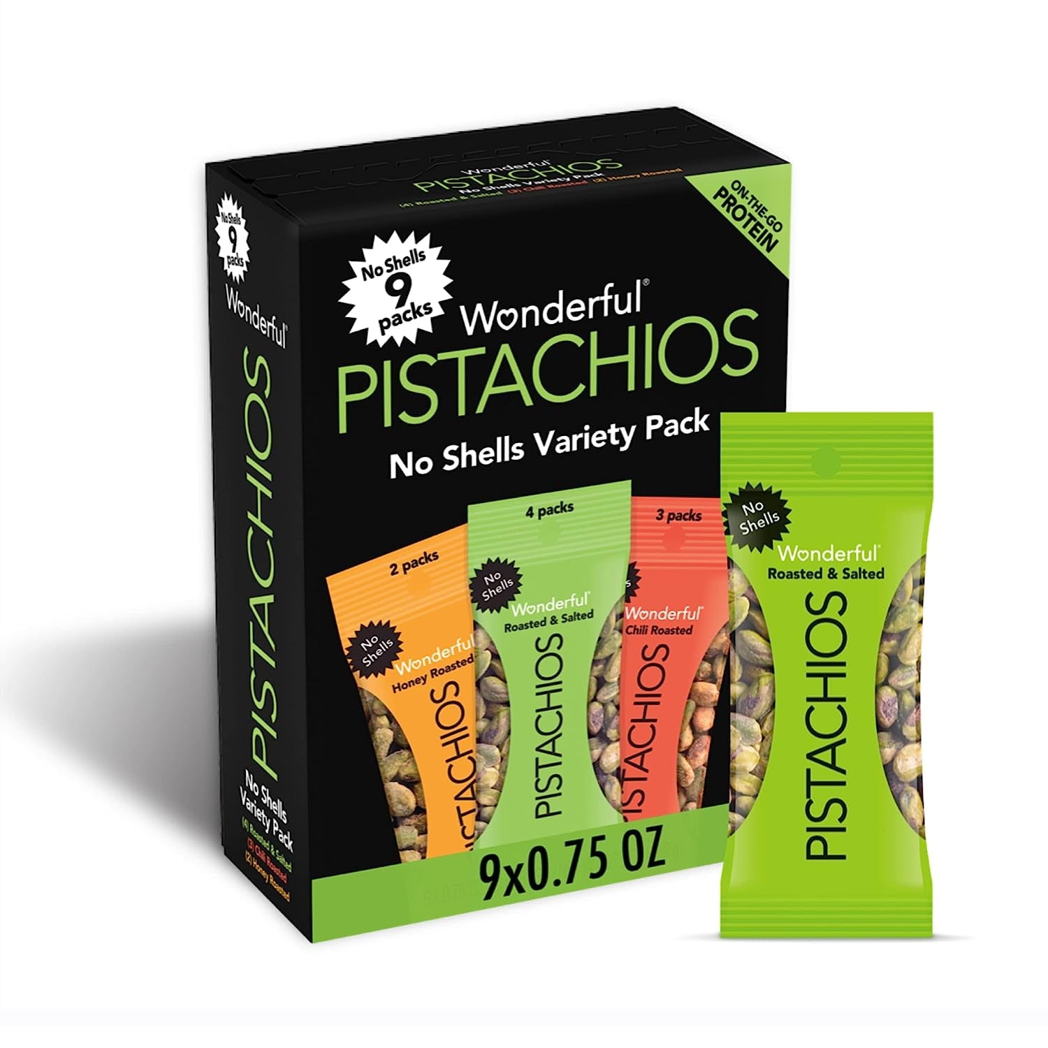 Wonderful Pistachios, No Shell Nuts, Variety Pack 0.75 Ounce Bags (Pack of 9)