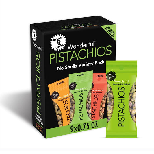 Wonderful Pistachios, No Shell Nuts, Variety Pack 0.75 Ounce Bags (Pack of 9)